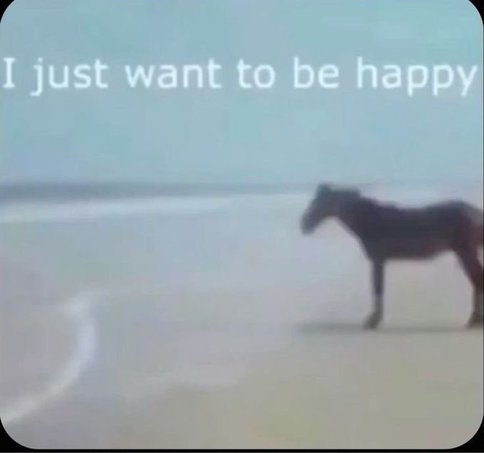 A blurry image shows a lone horse standing on a desolate beach with the text "I just want to be happy" overlaid at the top. The melancholy scene reflects the post's frustrated tone about poor performance ("dipping so bad") and lack of luck, capturing a sense of weary resignation and longing for better results.