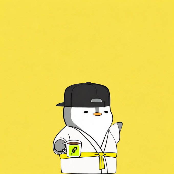 A cartoon character resembling a white blob or ghost wears a black backwards cap, a white robe with a yellow belt, and holds a green tea cup against a yellow background.