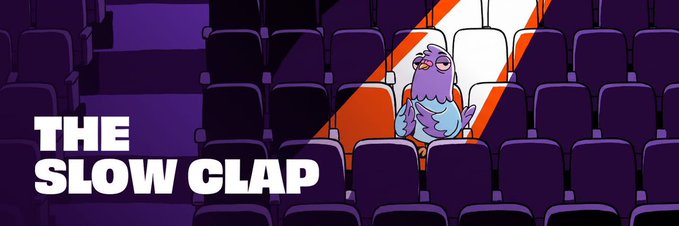 An illustration features a purple character in an orange seat clapping alone in a movie theater, accompanied by the text 'THE SLOW CLAP'.