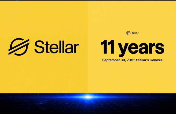A yellow and black promotional graphic celebrating 'Stellar' at '11 years,' commemorating 'September 30, 2015: Stellar's Genesis' with the Stellar logo.