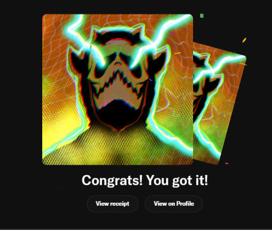 A digital screen displays "Congrats! You got it!" below an artwork featuring a stylized skull/face illuminated by green lightning bolts.