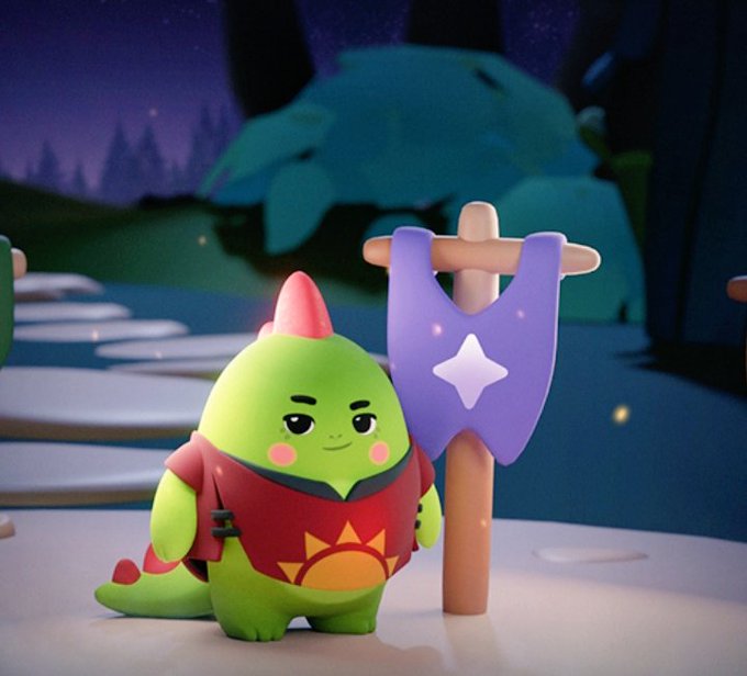 The image features a green dinosaur figurine standing next to a purple shirt with a star design, both of which are displayed against a dark background. The dinosaur appears to be wearing a red jacket and has a big smile on its face. The purple shirt is positioned in front of a sign that says "Who is still active and grinding @sleepagotchi A good product gives users a reason to come back, a great product becomes part of their routine". This image seems to be promoting the game Sleepagotchi or possibly an item related to it.