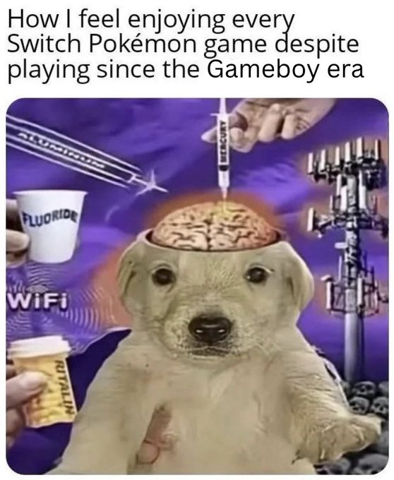 The image shows a cartoon dog with a brain sticking out of its head, surrounded by various objects such as cups, toothbrushes, and a cupcake. The background features a purple sky and a telephone pole. The caption reads "How I feel enjoying every Pokémon game despite playing since the Gameboy era".