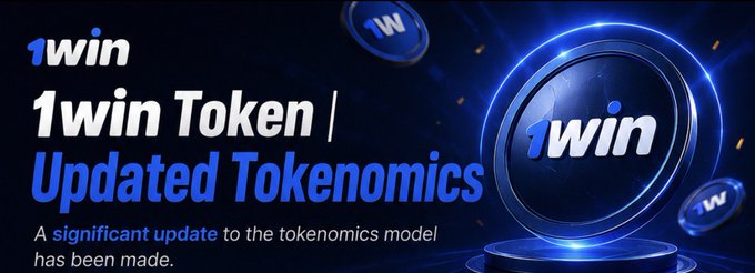 Promotional banner for 1win Token with text '1win Token | Updated Tokenomics' and a subtitle stating 'A significant update to the tokenomics model has been made.'