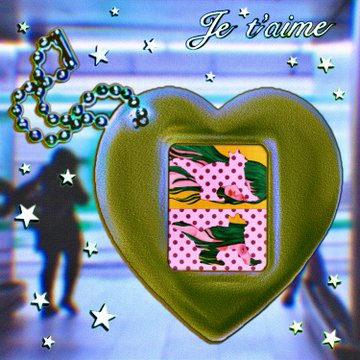 A '90s-style digital aesthetic image featuring a large green heart-shaped padlock containing a floral design, with 'Je t'aime' written in script, surrounded by star sparkles and a blurred figure in the background.