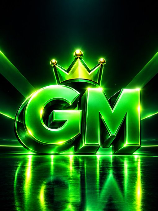 A 3D graphic of the letters 'GM' in glowing green with a gold crown resting on top, set against a dark background with light reflections.