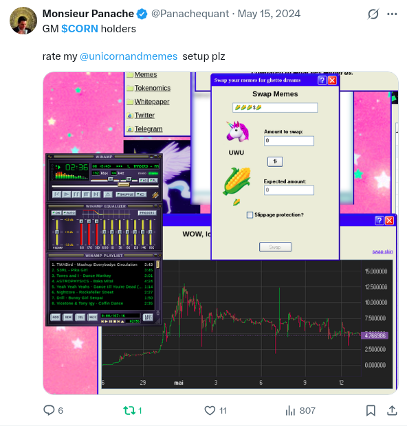 A tweet from @Panachequant (Monsieur Panache) about GM $CORN holders featuring an image of a Winamp skin with a crypto 'Swap Memes' interface (UWU token) overlaid on a Y2K-style pink background.