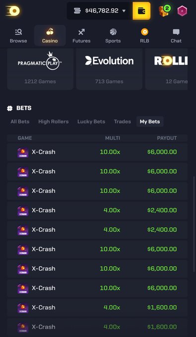 The image shows a screenshot of an online casino/gambling dashboard displaying $46,782.92 in the user's balance, with active bets on the "X-Crash" game totaling $50,000.00 in payouts at multipliers ranging from 4.00x to 10.00x. The context post boasting "Printing today" and soliciting Solana wallets suggests the screenshot is being shared as proof of gambling profits to attract victims into a crypto-based scam, where the "X-Crash" game and high payouts are likely fabricated or manipulated to lure people into sending their crypto.
