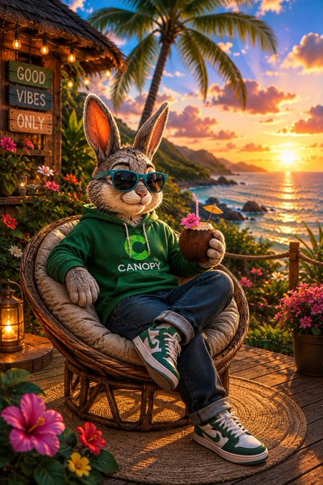 An anthropomorphic rabbit wearing sunglasses, a green hoodie with "CANOPY" branding, and sneakers relaxes in a wicker chair holding a coconut drink, with a sign reading "GOOD VIBES ONLY" behind it, set against a tropical sunset. The image visually reinforces the post's message of building your own ecosystem, suggesting that choosing CNPYNetwork is a laid-back, independent lifestyle rather than being tied to someone else's system.