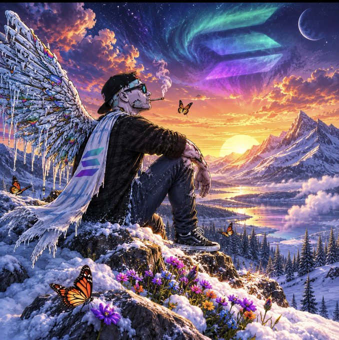A winged figure adorned with a sash bearing the "Solana" logo sits contemplatively on a snowy mountain peak, surrounded by butterflies, blooming flowers, and a vibrant sky with icy and fiery hues. The image beautifully illustrates the quote's theme of finding warmth and resilience within cold, using the Solana branding to symbolize that "invincible summer" persisting through winter.