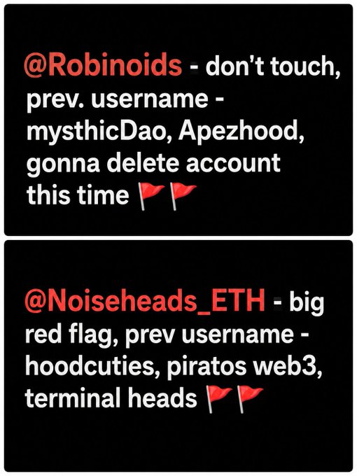 Two black text boxes with red flags warn about crypto accounts: '@Robinoids - don't touch, prev. username - mysticDao, Apezh00d, gonna delete account this time' and '@Noiseheads_ETH - big red flag, prev username - hoodcuties, piratas web3, terminal heads'.