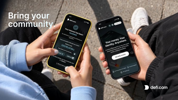 An advertisement showing two hands holding smartphones displaying the defi.com app interface, with the text 'Bring your community' and 'Your money. Your identity. Anywhere.'
