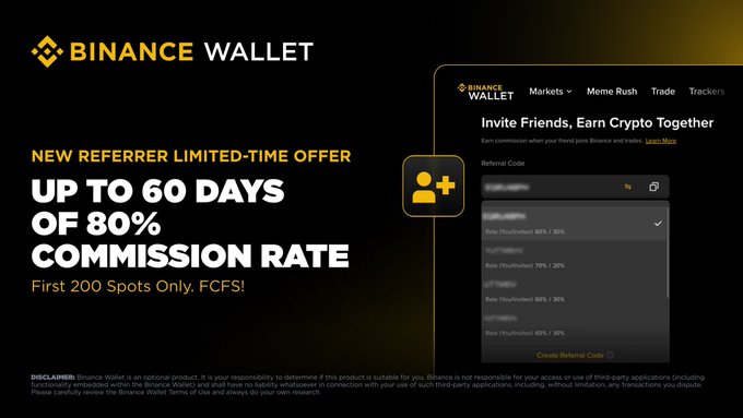 A Binance Wallet promotional banner advertising a limited-time new referrer offer with up to 60 days of 80% commission rate for the first 200 spots (FCFS), alongside a screenshot of the referral dashboard showing the "Invite Friends, Earn Crypto Together" campaign option to create a referral code.