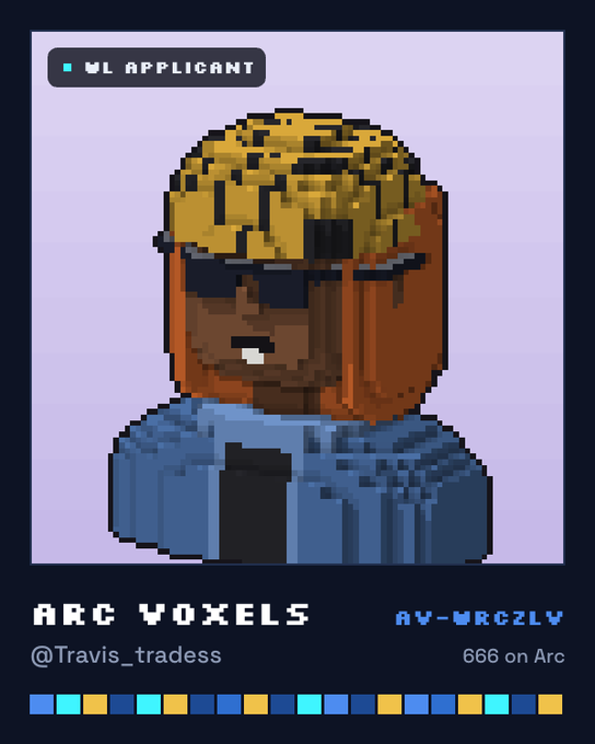 A pixel art portrait of a person with blonde textured hair wearing sunglasses and a blue shirt, set against a purple background with text reading 'WL APPLICANT', 'ARC VOXELS', '@Travis_tradess', and 'AV-MRCZLV 666 on Arc'.