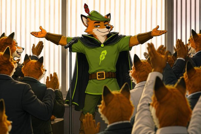 An anthropomorphic fox character in a green Robin Hood-style outfit with a cape and feathered cap stands triumphantly at a microphone with arms outstretched, addressing a crowd of applauding foxes in business attire. The image visually reinforces the post's theme by portraying $FOX as a charismatic leader rallying a growing community, with the triumphant pose symbolizing the bullish momentum and upward trajectory mentioned in the text.