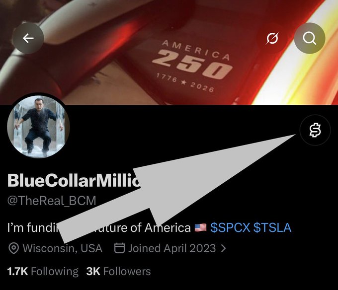 A screenshot of an X (Twitter) profile for 'BlueCollarMillo' (@TheReal_BCM) based in Wisconsin, USA, joined April 2023 with 3K followers; the bio reads 'I'm funding the future of America 🇺🇸 $SPCX $TSLA' and the banner displays 'AMERICA 250 1776 ★ 2026'.