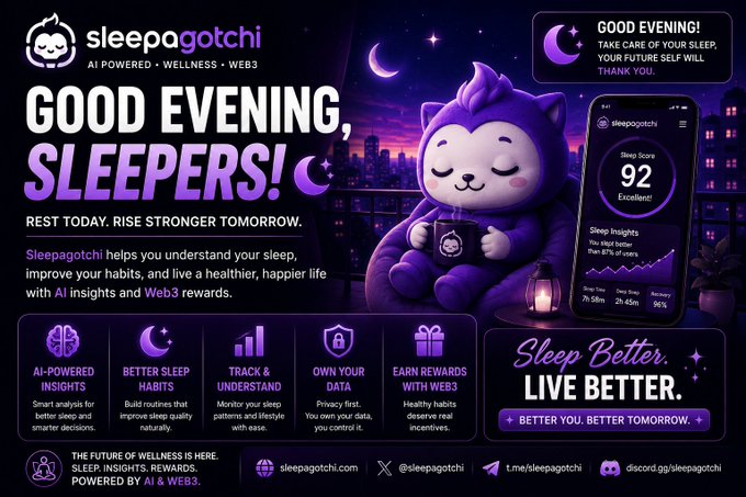 A promotional graphic for **Sleepagotchi**, an AI-powered wellness and Web3 platform, features a purple mascot sleeping on a rooftop with a city skyline and crescent moon backdrop. Key highlights include a **Sleep Score of 92** (Excellent) shown on a phone display, along with metrics like Deep Time (7h 58m), Rest (2h 45m), and Energy (96%), and feature callouts for AI-powered insights, sleep habits, tracking, data ownership, and Web3 rewards. The slogan reads **"Sleep Better. Live Better. + Better You. Better Tomorrow. +"**, tying into the post's message about Sleepagotchi's fusion of sleep tracking, wellness, and Web3 innovation.