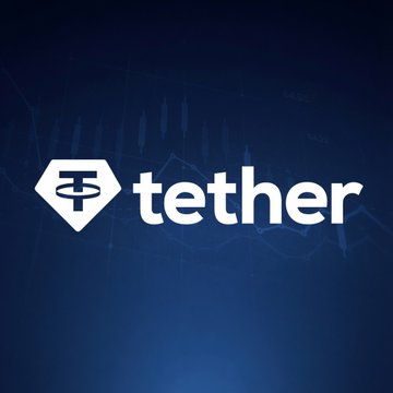 The image features the white Tether logo and name prominently displayed against a dark blue background with subtle candlestick chart patterns. It relates to the post by highlighting the Tether brand as former CIO Richard Heathcote prepares to sell a portion of his 1.26% stake in the company.