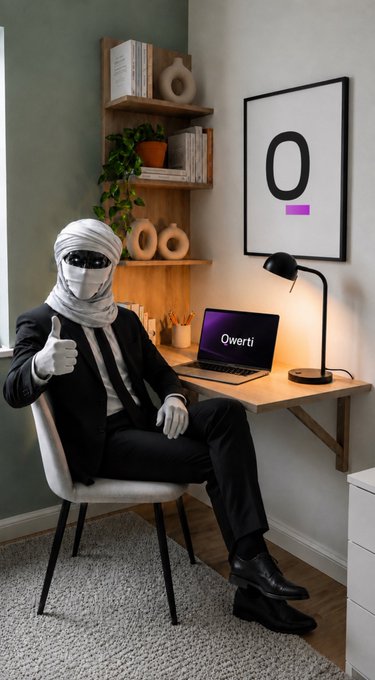 A figure wearing a black suit, white gloves, and a wrapped white head covering sits at a desk giving a thumbs up, with a laptop displaying 'Qwerti' and a framed 'O' poster in the background.