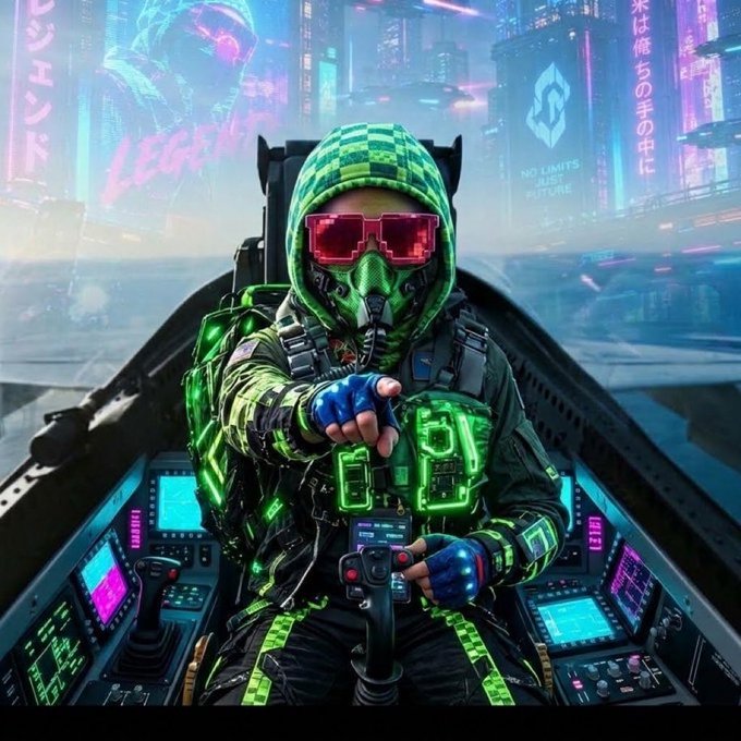 A futuristic sci-fi character in glowing green digital camouflage armor, a tactical helmet, and red-tinted visor sits in a high-tech cockpit, pointing directly at the viewer with a cyberpunk neon cityscape behind them.