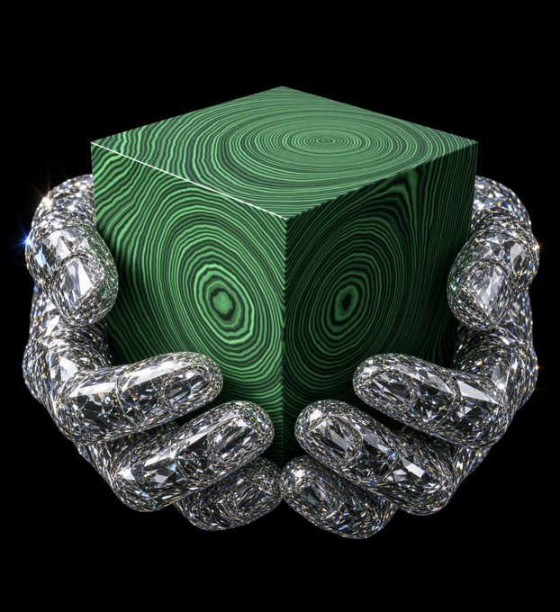 Two crystal-covered hands cradling a green cube with swirling, topographic-like patterns against a black background.