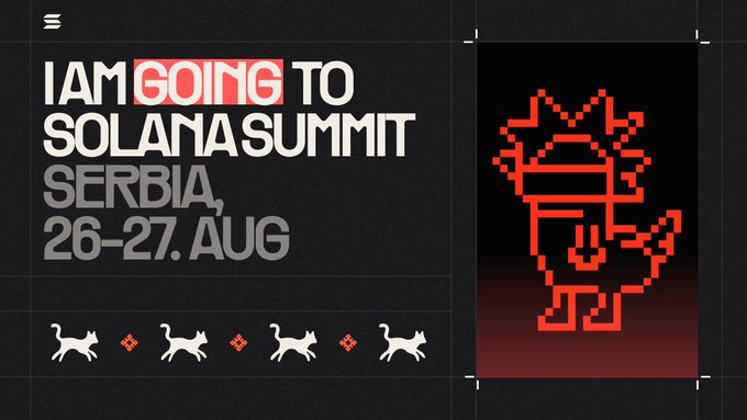 A black promotional poster with white and red text reading 'I AM GOING TO SOLANA SUMMIT SERBIA, 26-27. AUG' alongside a pixelated red dragon character.