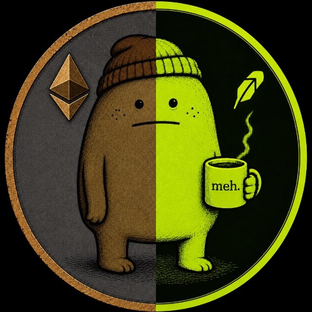 A circular crypto-themed illustration featuring a brown character wearing a beanie and holding a yellow mug labeled 'meh.', split with an Ethereum logo on the left and a Rocket emoji on the right.