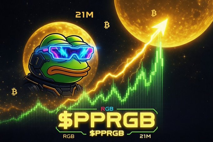 A crypto-themed graphic featuring a Pepe the Frog character in space gear with sunglasses, displaying '$PPRGB' branding, Bitcoin symbols, and an upward-trending green chart.