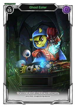 A trading card from Skylanders titled 'Ghost Eater', showing a small green goblin-like character reaching into a treasure chest filled with spooky items.