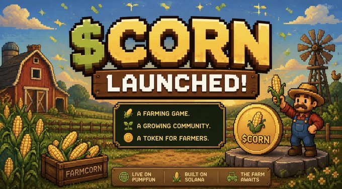 A pixel-art style promotional graphic announces '$CORN LAUNCHED!', describing it as a farming game, growing community, and token for farmers built on Solana.