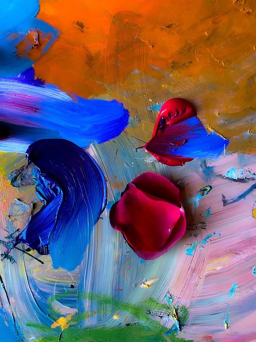 An abstract oil painting featuring bold brushstrokes of blue, red, and pink against orange and white backgrounds.
