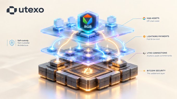 A 3D architectural diagram for the Utexo platform showing a self-custody non-custodial layered stack built on Bitcoin security, highlighting RGB Assets (off-chain state), Lightning Payments (fast & low cost), and UTXO Connections (anchors asset commitments).