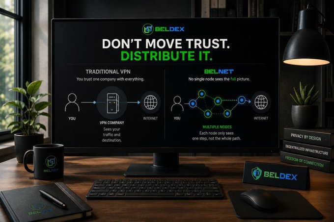 A product shot of a computer monitor displaying a Beldex advertisement comparing 'TRADITIONAL VPN' with 'BELNET' under the headline 'DON'T MOVE TRUST. DISTRIBUTE IT.'