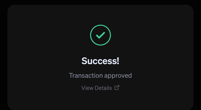 A dark-themed success confirmation screen displays a green checkmark icon with the text "Success!" and "Transaction approved," along with a "View Details" link, confirming the DEX & Boost payment referenced in the post.