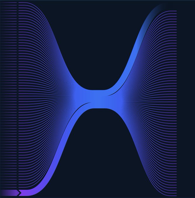 An abstract digital artwork featuring a symmetrical, hourglass-like shape formed by thin blue and purple curved lines on a dark background.