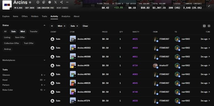 An NFT marketplace activity log for a collection named 'Arcins' showing multiple sales transactions with price, quantity, and rarity details, including a floor price of $0.42.