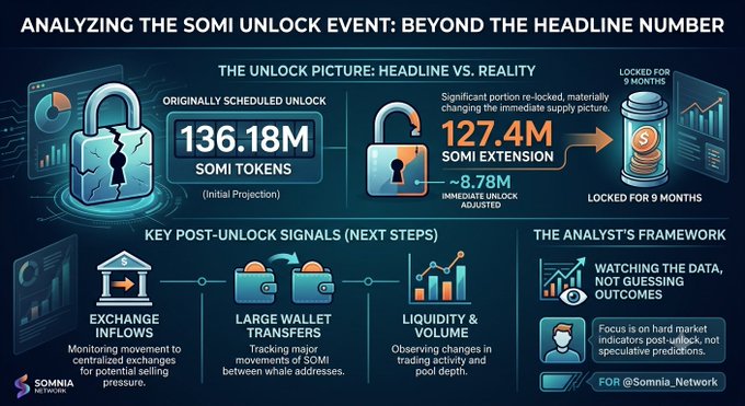 An infographic titled 'ANALYZING THE SOMI UNLOCK: BEYOND THE HEADLINE NUMBER' comparing originally scheduled unlock of 136.18M SOMI tokens to an adjusted 127.4M, with sections on post-unlock signals.