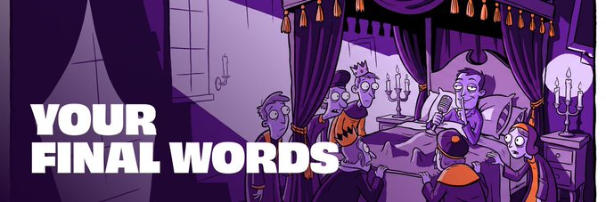 A Simpsons-style illustration titled 'YOUR FINAL WORDS' depicting characters gathered around a bed in a dark, candle-lit room.