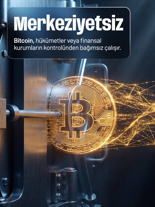 A golden Bitcoin coin glows with digital circuitry patterns, mounted on a steel vault door that is slightly ajar, with the Turkish text "Merkeziyetsiz" (Decentralized) displayed prominently, alongside the message that Bitcoin operates independently from government or financial institution control.

The image reinforces the post's message by contrasting the traditional symbol of centralized security (a heavy vault) with an open door and a glowing cryptocurrency coin, illustrating how Bitcoin's decentralized network replaces institutional trust with a shared mathematical system.