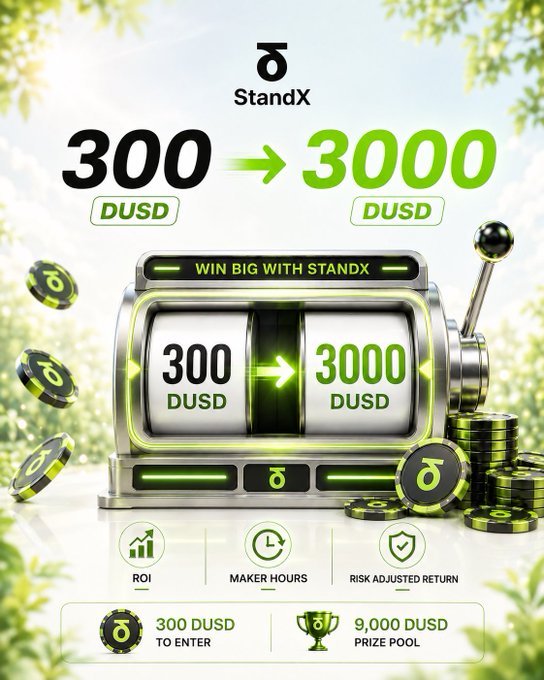 A promotional graphic for StandX's Vault Challenge features a slot machine displaying "300 DUSD → 3000 DUSD" alongside a "WIN BIG WITH STANDX" banner, with entry details showing "300 DUSD TO ENTER" and a "9,000 DUSD PRIZE POOL" for the three competition categories: ROI, Maker Hours, and Risk-Adjusted Return.