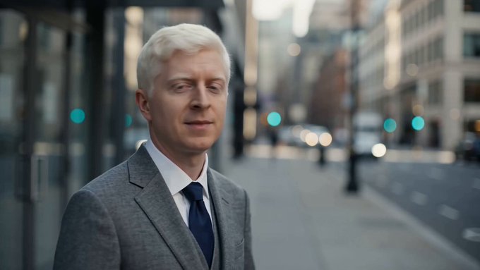 Portrait of a blonde-haired man in a grey suit and navy tie standing on a city street.