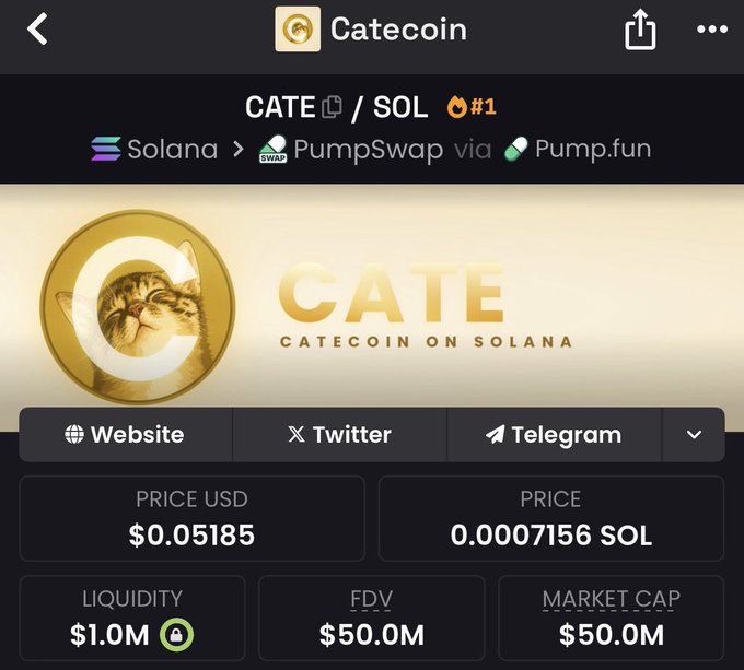 A screenshot of the Catecoin (CATE/SOL) token page on a Solana-based DEX, showing a price of $0.05185, $1.0M liquidity, and $50.0M market cap/FDV.