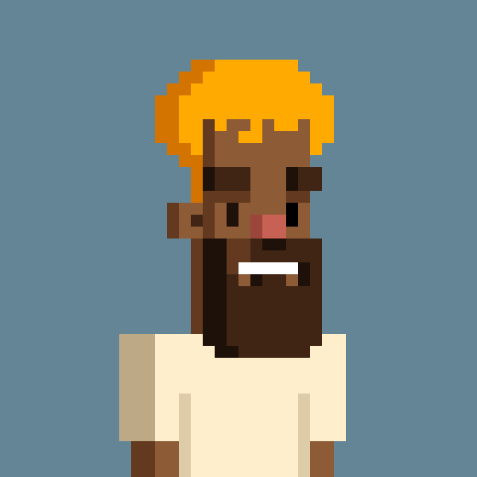 A low-resolution pixel art portrait depicts a dark-skinned man with a beard, orange hair, and an open mouth, wearing a white shirt against a blue background.