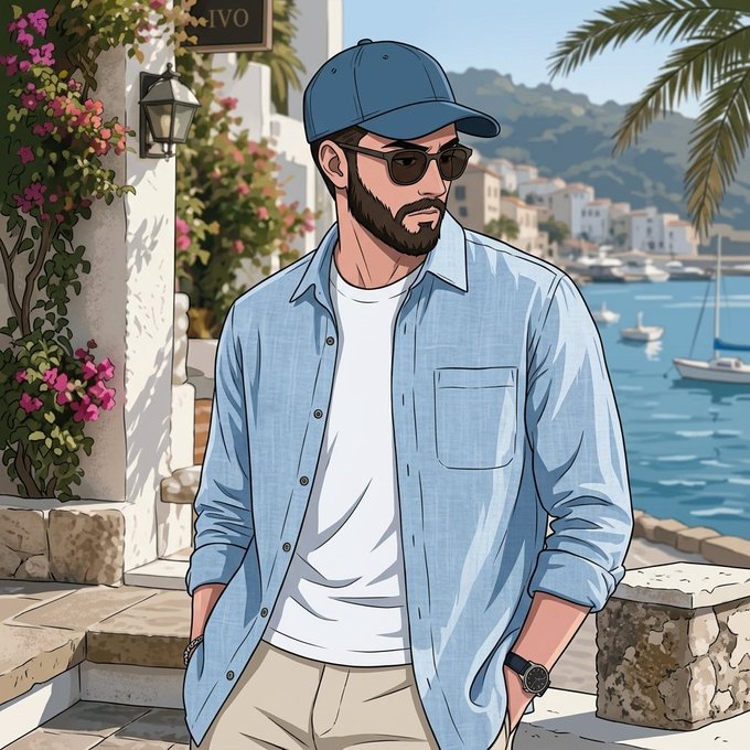 An illustrated portrait of a bearded man wearing a blue cap, sunglasses, a light blue open shirt over a white t-shirt, standing in a Mediterranean coastal village setting.