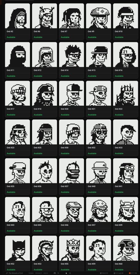 A gallery showcasing a collection of pixelated black-and-white character portraits from "The Wizards of Ord," with each piece labeled "Ord #" followed by a number (e.g., Ord #2, Ord #6, Ord #52) and marked as "Available" in green text. The image visually reinforces the post's message about an ongoing mint with no supply limits, as the dozens of "Available" NFTs suggest plenty of opportunities for collectors to mint or acquire more.