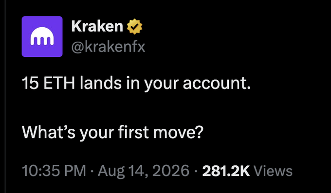 A screenshot of a tweet from verified Kraken (@krakenfx) posted August 14, 2026, with 281.2K views, reading: "15 ETH lands in your account. What's your first move?" The post exemplifies the generic, low-effort engagement bait the commenter is criticizing, using a hypothetical crypto scenario to provoke replies rather than sharing substantive content.
