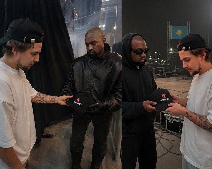 A split image shows two men, including Kanye West, receiving and inspecting a black 'satrush' branded baseball cap from a third person.