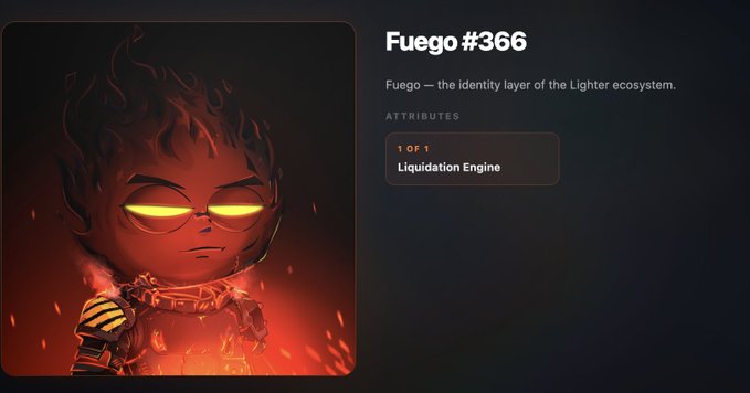 A digital profile card titled 'Fuego #366' describing 'Fuego — the identity layer of the Lighter ecosystem' with the attribute 'Liquidation Engine,' featuring a fiery animated character with glowing yellow eyes.