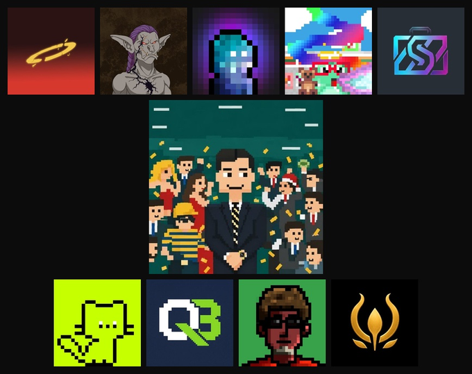 A grid of various pixel art and digital illustrations, including a halo, an elf, a blue figure, glitch art, a briefcase logo, a crowd scene with a man in a suit, a green alien, a 'Q3' logo, a person with sunglasses, and a golden emblem.