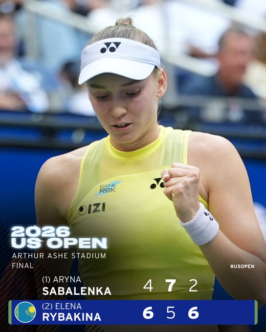 The image shows tennis player Aryna Sabalenka in a yellow top and white visor, with a scoreboard graphic indicating Rybakina won the 2026 US Open final 6-4, 5-7, 6-2 over Sabalenka. The post's mention of a "$5.5 million purse" appears to be referencing tournament prize money as a comparison point to Bitcoin's potential value, attempting to lure readers with a celebrity sports win announcement.